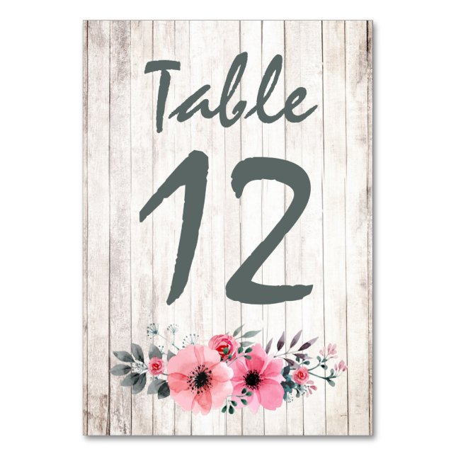Rustic Wood Floral Rose Wedding Table Number Card (Front)