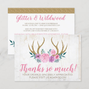 Rustic Wood & Floral Roses Antlers Thank You Card