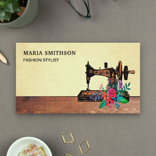 Rustic Wood Floral Sewing Machine Fashion Stylist Business Card