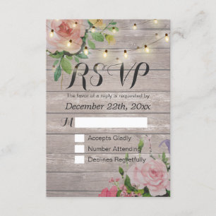 Rustic Wood Floral String Light Wedding RSVP Reply