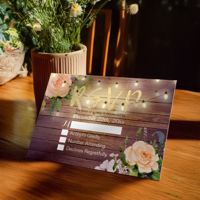 Rustic Wood Floral String Light Wedding RSVP Reply (Creator Uploaded)
