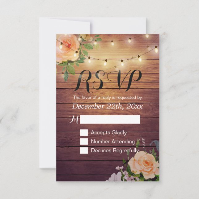 Rustic Wood Floral String Light Wedding RSVP Reply (Front)