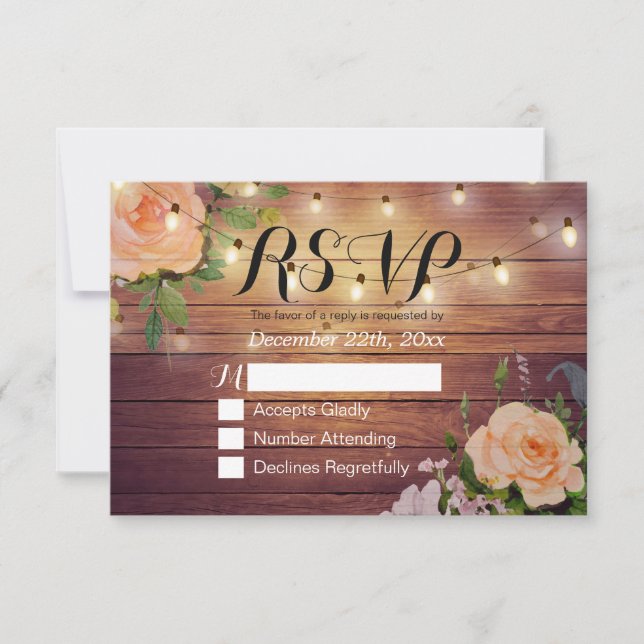 Rustic Wood Floral String Light Wedding RSVP Reply (Front)