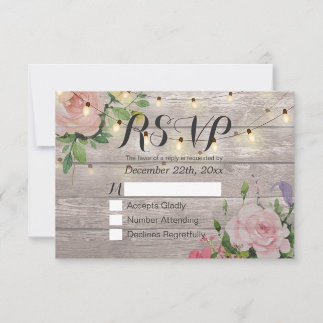 Rustic Wood Floral String Light Wedding RSVP Reply Card (Front)