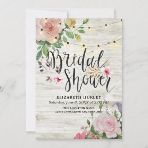 Rustic Wood Floral String Lights Bridal Shower Invitation