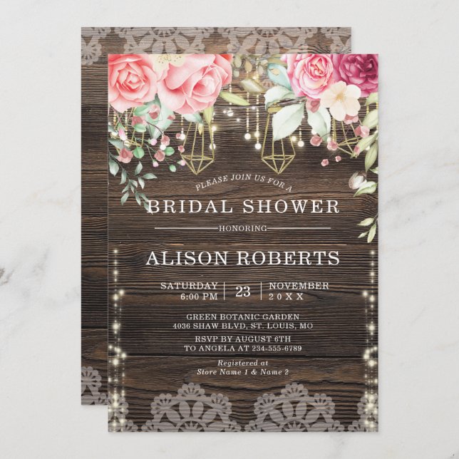 Rustic Wood Floral String lights Bridal Shower Invitation (Front/Back)