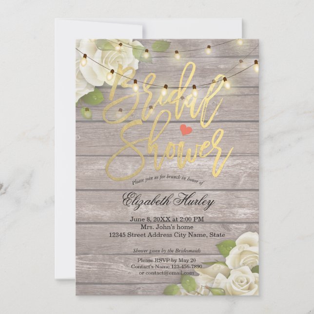 Rustic Wood Floral String Lights Bridal Shower Invitation (Front)