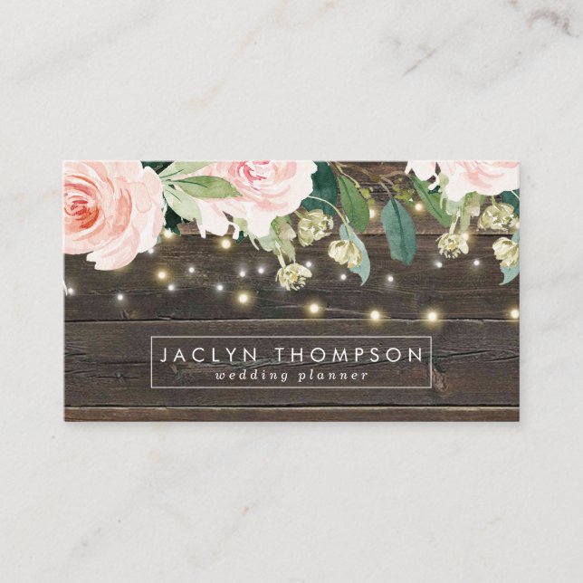 rustic wood floral string lights business card (Front)