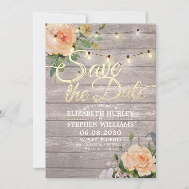 Rustic Wood Floral String Lights Save The Date (Front)