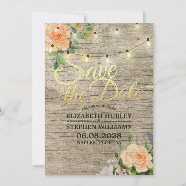 Rustic Wood Floral String Lights Save The Date (Front)