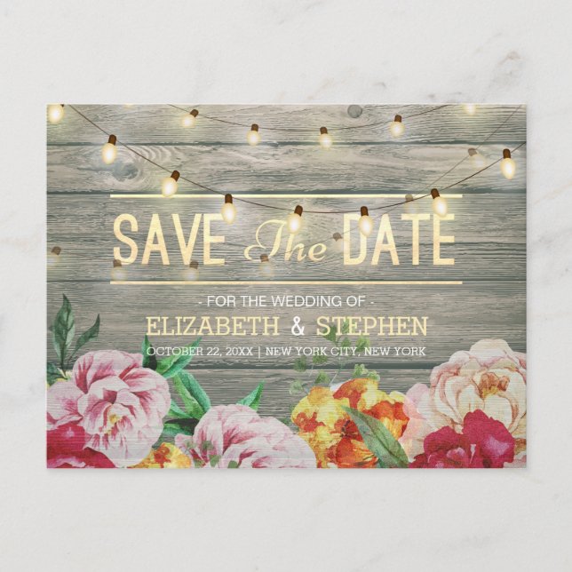 Rustic Wood Floral String Lights Save The Date Announcement Postcard (Front)