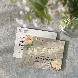 Rustic Wood Floral String Lights Save The Date Announcement Postcard
