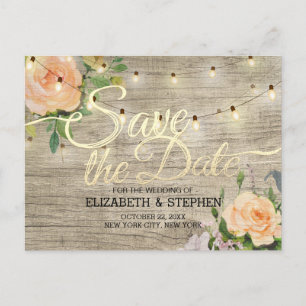 Rustic Wood Floral String Lights Save The Date Announcement Postcard