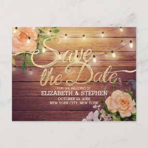 Rustic Wood Floral String Lights Save The Date Announcement Postcard