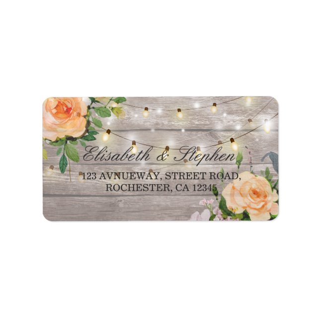 Rustic Wood Floral String Lights Wedding Address Label (Front)