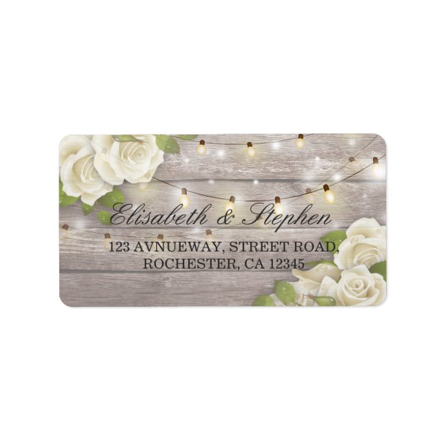Rustic Wood Floral String Lights Wedding Address Label (Front)