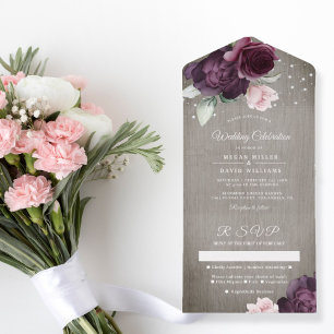 Rustic Wood   Floral String Lights Wedding  All In One Invitation