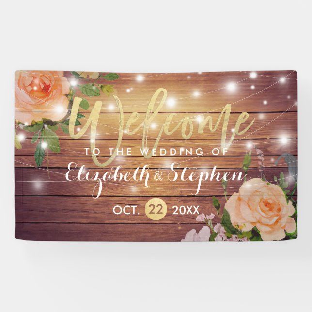 Rustic Wood Floral String Lights Wedding Banner (Horizontal)