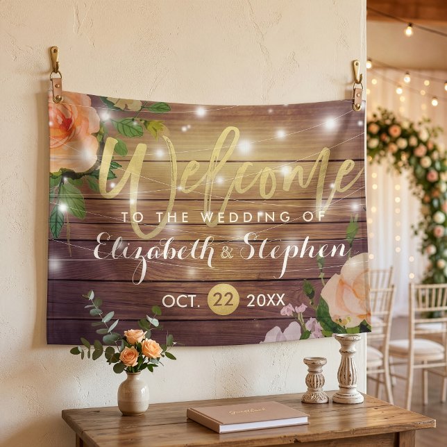 Rustic Wood Floral String Lights Wedding Banner (Creator Uploaded)