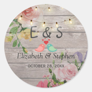 Rustic Wood Floral String Lights Wedding Favour Classic Round Sticker