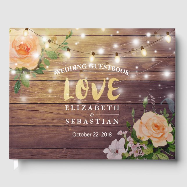 Rustic Wood Floral String Lights Wedding Guestbook (Front)