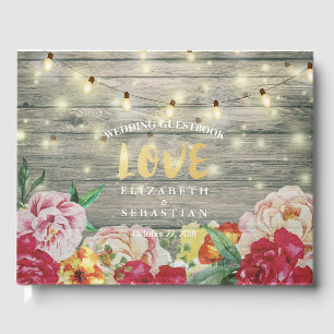 Rustic Wood Floral String Lights Wedding Guestbook