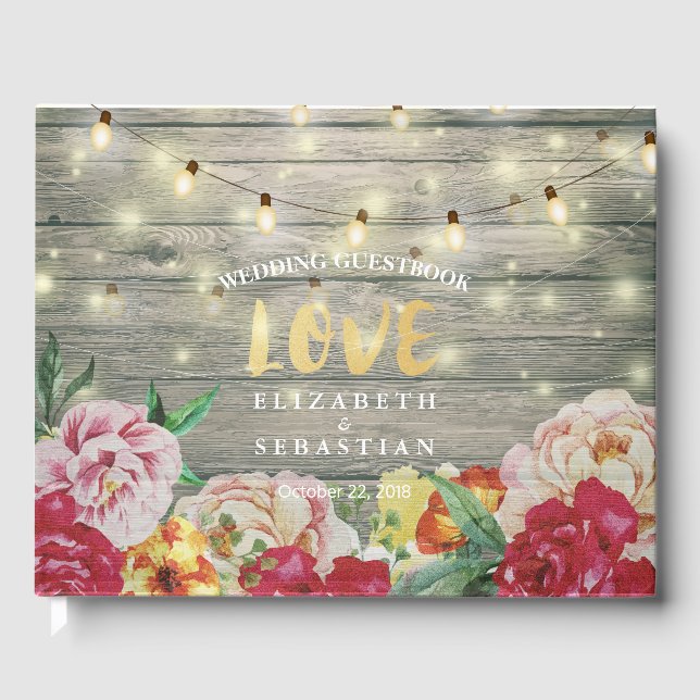 Rustic Wood Floral String Lights Wedding Guestbook (Front)