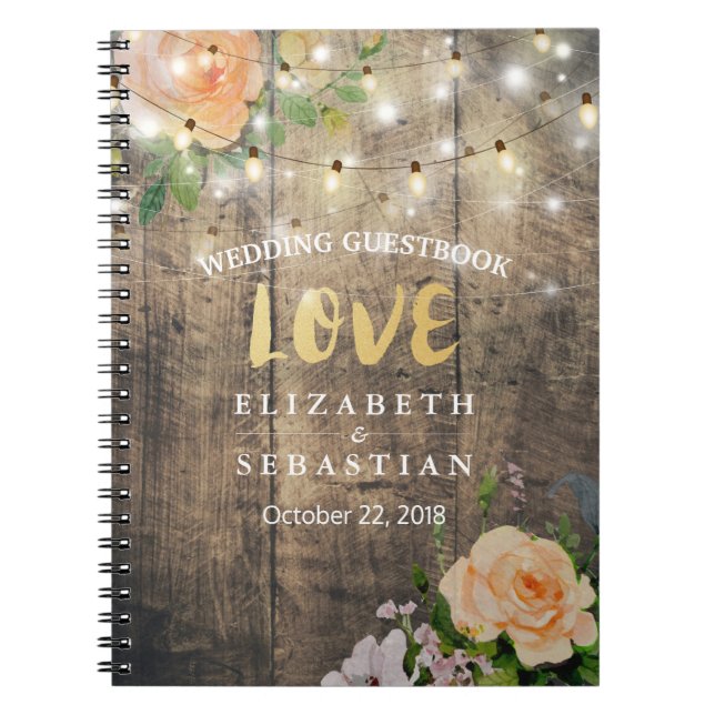 Rustic Wood Floral String Lights Wedding Guestbook Spiral Notebook (Front)