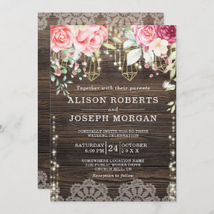 Rustic Wood Floral String lights Wedding Invitation