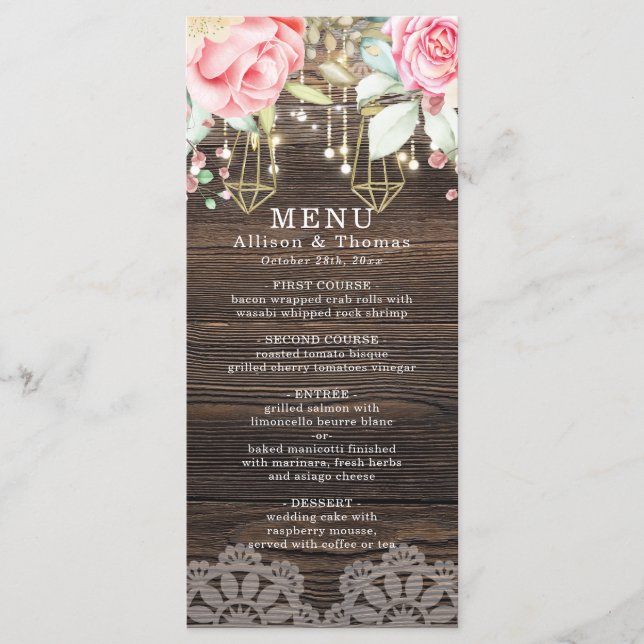 Rustic Wood Floral String lights Wedding Menu (Front)