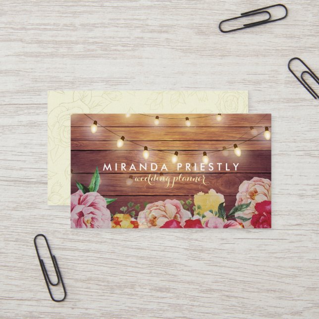 Rustic Wood Floral String Lights Wedding Planner Business Card (Front/Back In Situ)