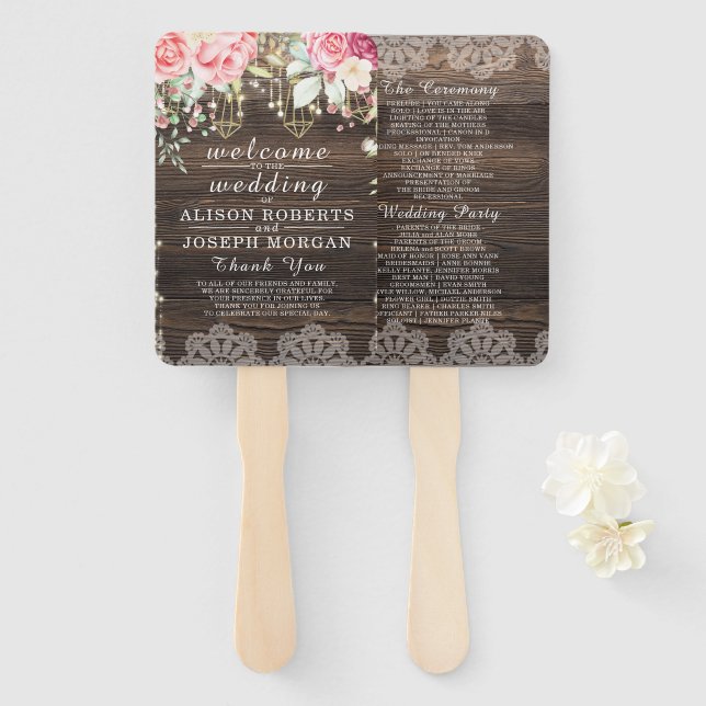 Rustic Wood Floral String lights Wedding Program Hand Fan (Front and Back)