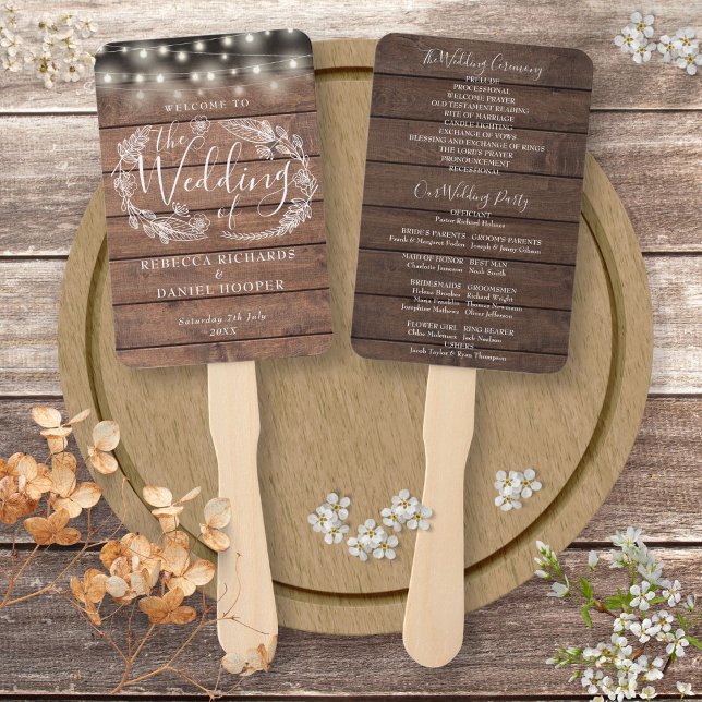 Rustic Wood Floral String Lights Wedding Program Hand Fan (Rustic Wood Floral String Lights Wedding Program Hand Fan)