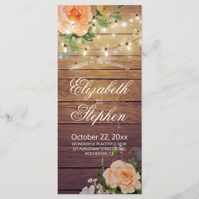 Rustic Wood Floral String Lights Wedding Program Programme (Front)