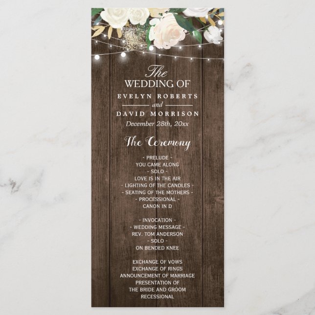 Rustic Wood Floral String Lights Wedding Program Programme (Front)