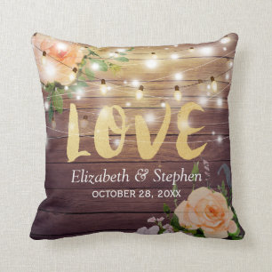 Rustic Wood Floral String Lights Wedding Shower Cushion