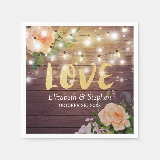 Rustic Wood Floral String Lights Wedding Shower Napkin (Front)