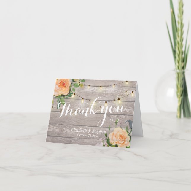 Rustic Wood Floral String Lights Wedding Thank You Card (Front)
