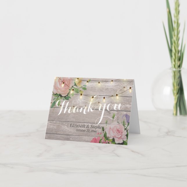 Rustic Wood Floral String Lights Wedding Thank You Card (Front)