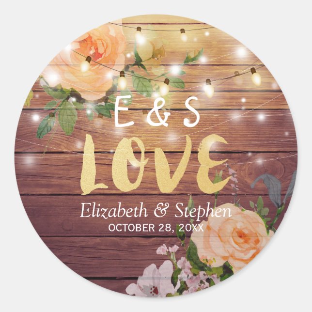Rustic Wood Floral String Lights Wedding Thank You Classic Round Sticker (Front)