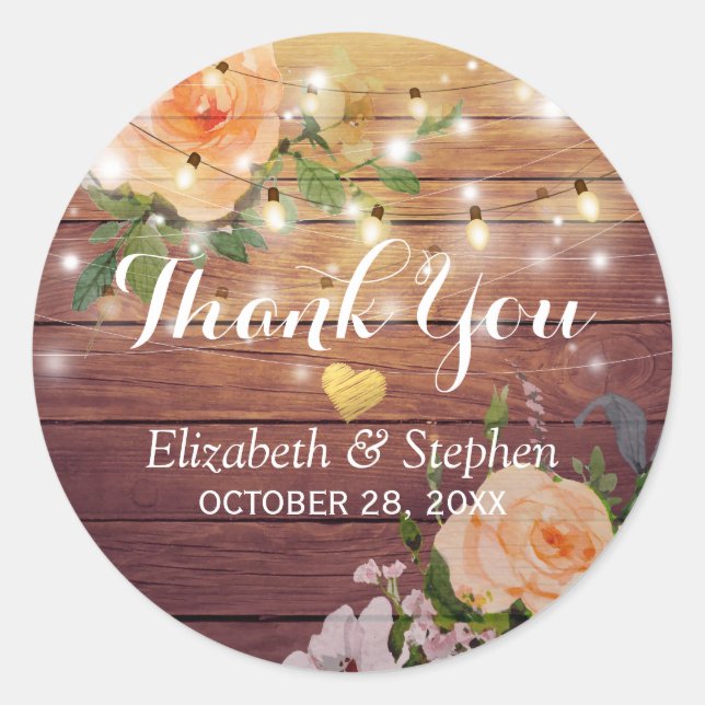 Rustic Wood Floral String Lights Wedding Thank You Classic Round Sticker (Front)