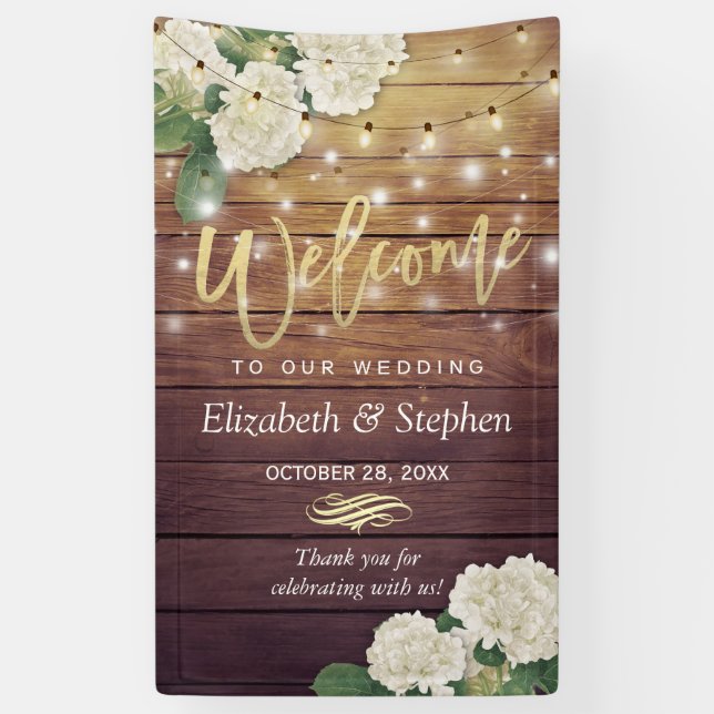 Rustic Wood Floral String Lights Wedding Welcome Banner (Vertical)