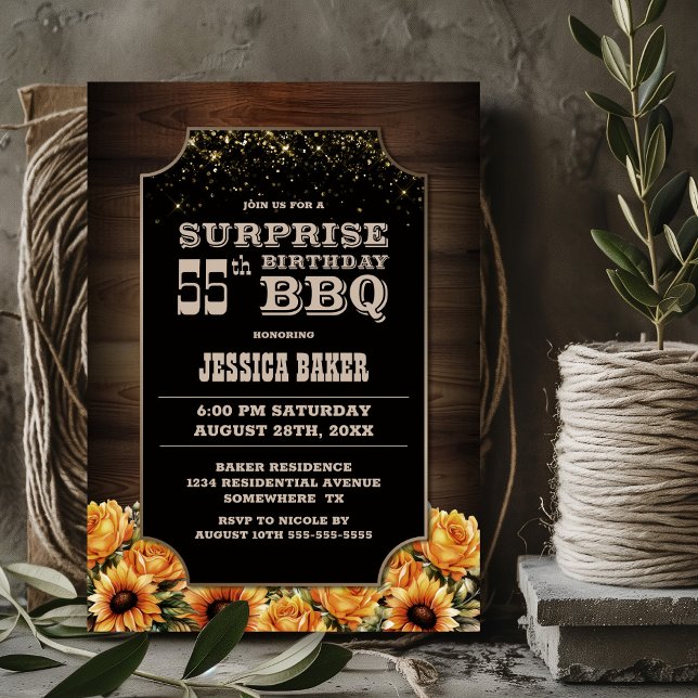 Rustic Wood Floral Surprise 55th Birthday BBQ Invitation (Creator Uploaded)