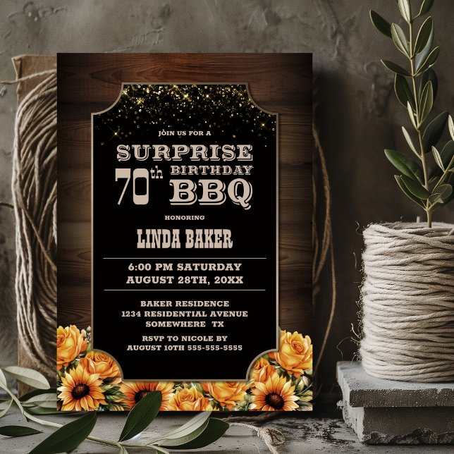 Rustic Wood Floral Surprise 70th Birthday BBQ Invitation (Creator Uploaded)