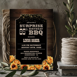 Rustic Wood Floral Surprise 85th Birthday BBQ Invitation