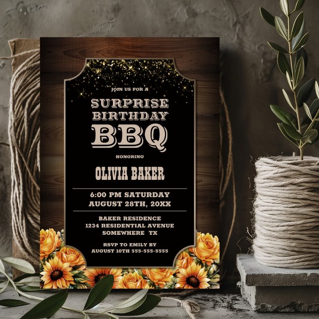 Rustic Wood Floral Surprise Birthday BBQ Invitation (Creator Uploaded)