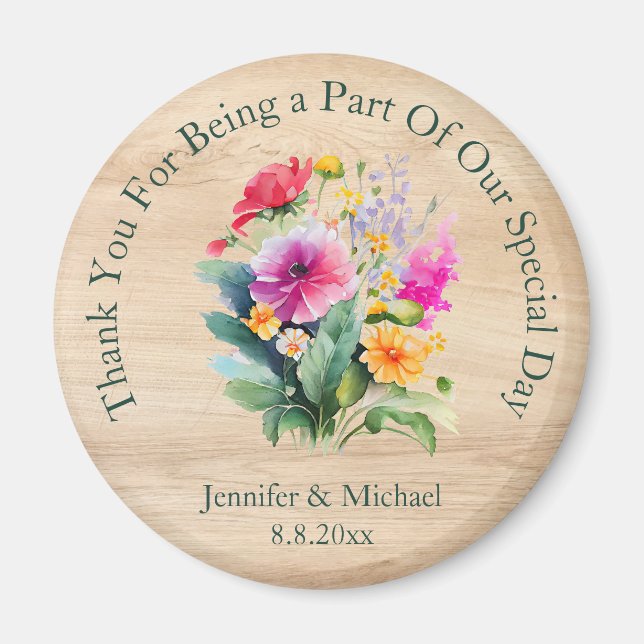 rustic wood floral thank you green wedding magnet (Front)