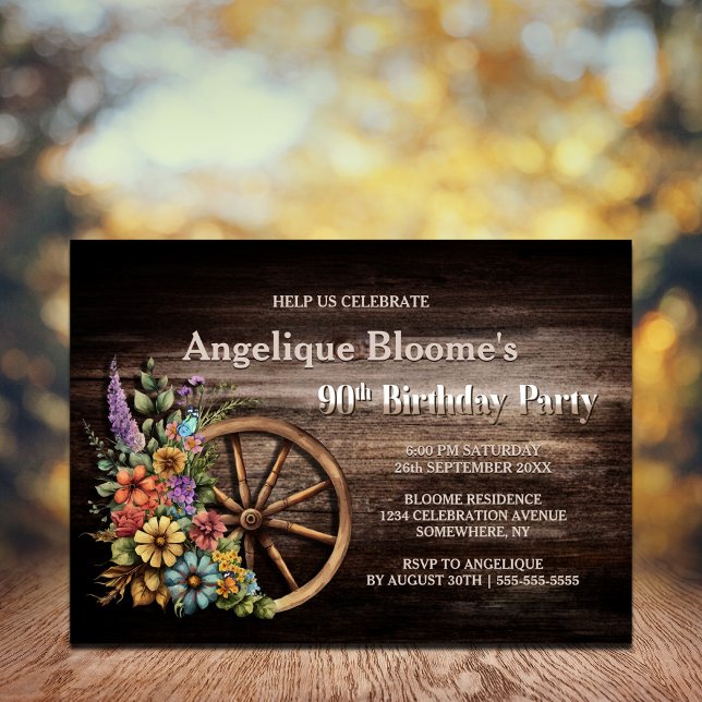 Rustic Wood Floral Wagon Wheel 90th Birthday Invitation (Creator Uploaded)