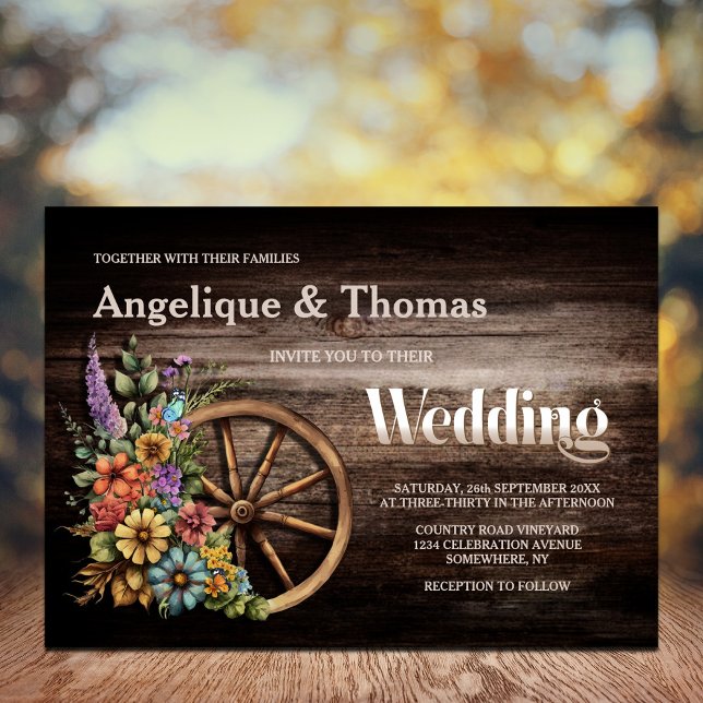 Rustic Wood Floral Wagon Wheel Wedding Invitation (Creator Uploaded)