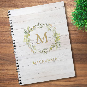 Rustic Wood Floral Watercolor Monogram Notebook